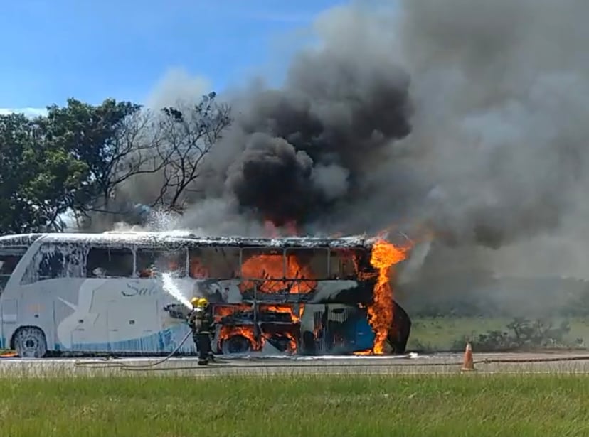 Cheio de passageiros, ônibus pega fogo na BR-060, em Anápolis