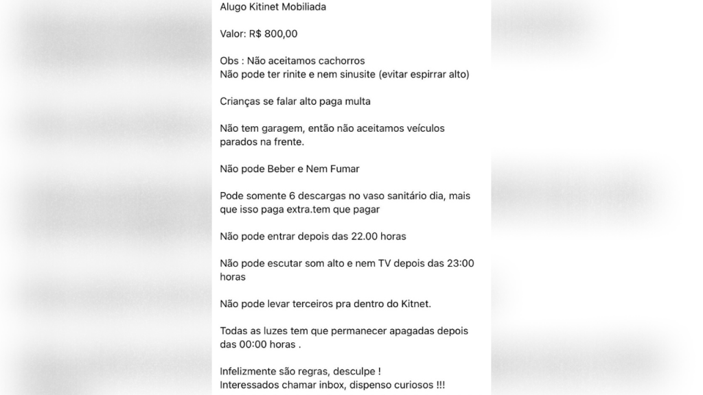 Aluguel de imóvel em Goiânia com regras absurdas viraliza nas redes sociais