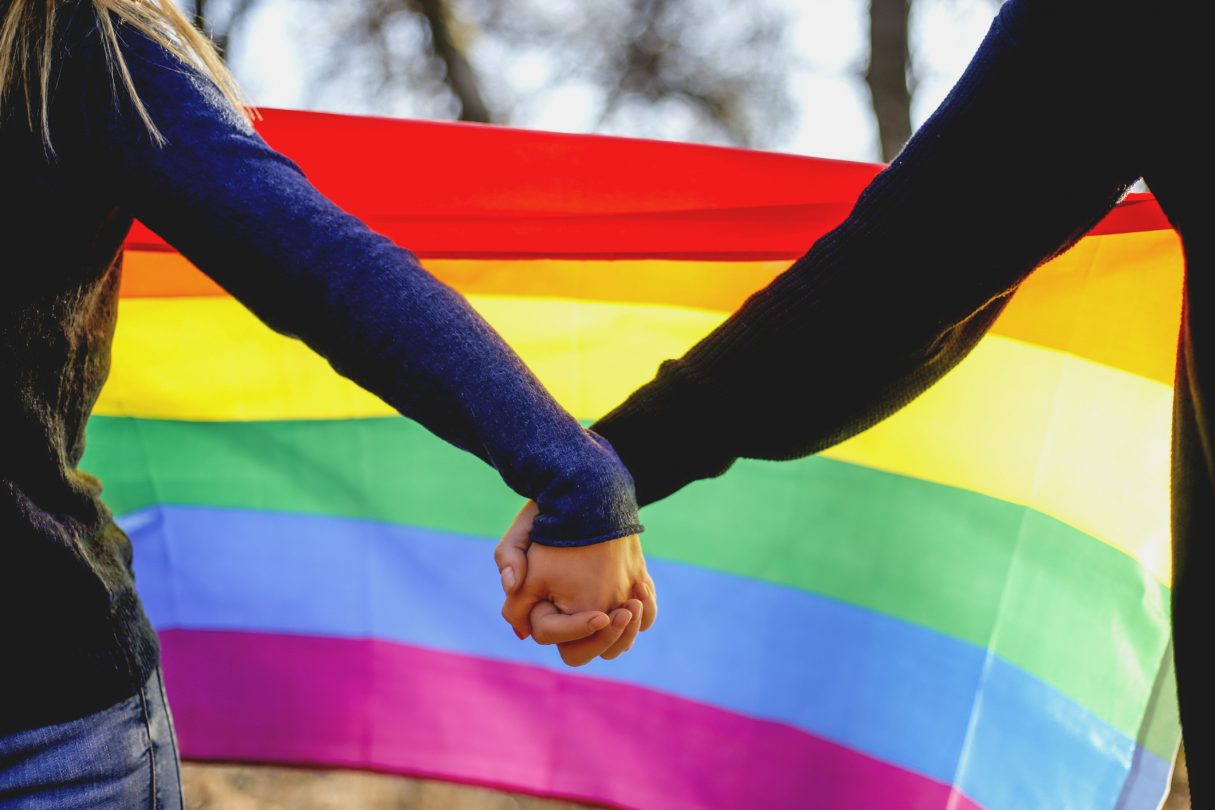 Casal de mãos dadas, com bandeira LGBTQIA+ ao fundo. (Foto: UEG)