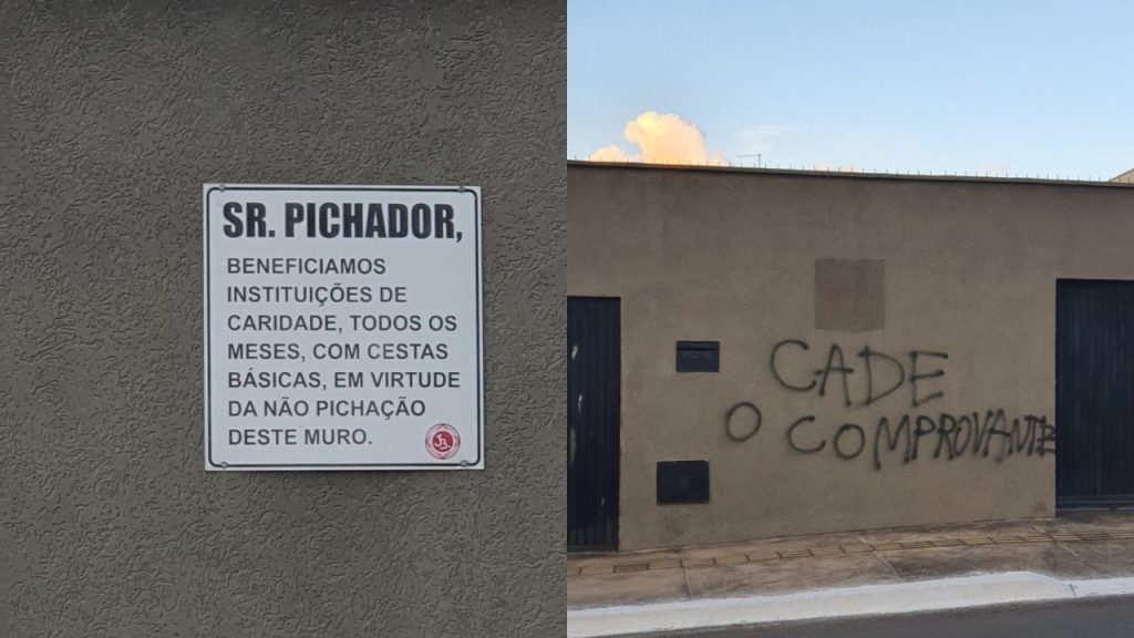 Placa colocada na porta de residência chama atenção e pichadores reagem com recado