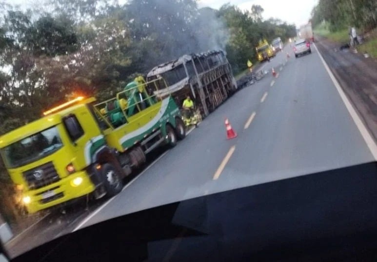 Ônibus com 44 passageiros pega fogo na BR-153 após sair de Goiânia com destino ao Tocantins