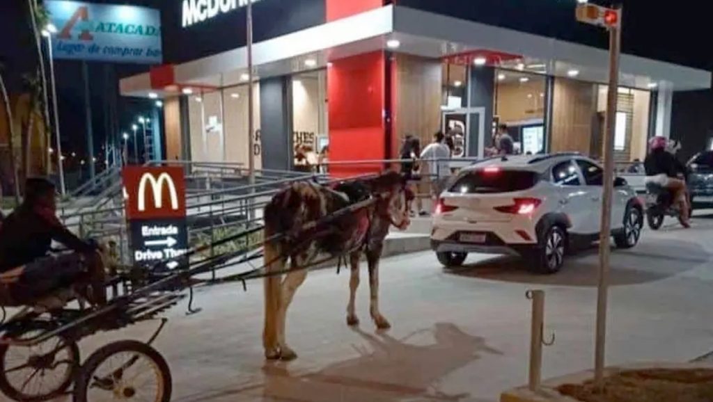 Homem surge em fila de drive-thru do McDonald’s montado numa charrete em SP