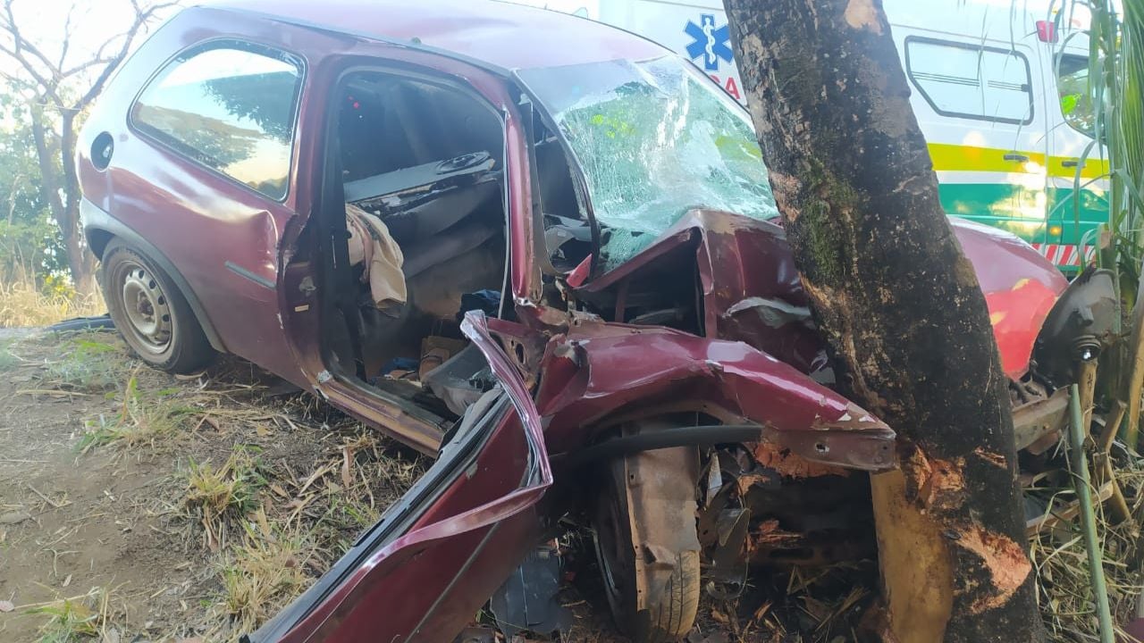 Mulher morre e duas crianças e um homem ficam gravemente feridos após carro bater em árvore na BR-153