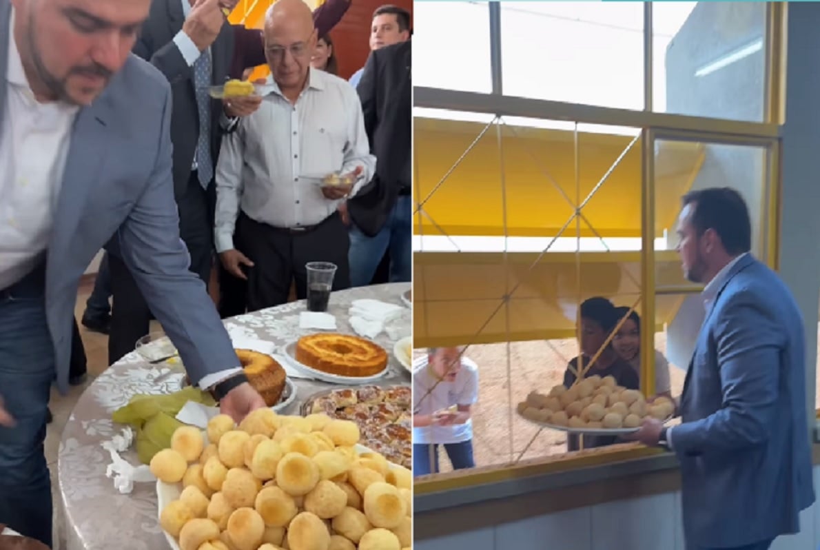 Em evento, Mendanha percebe que crianças pediam pão de queijo e leva bandeja inteira para elas