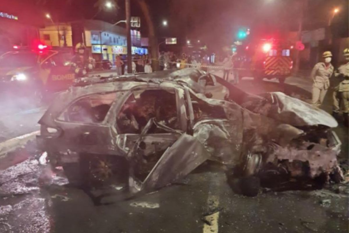 Carro pegou fogo imediatamente após se chocar contra árvore, em Goiânia. (Montagem: Reprodução)