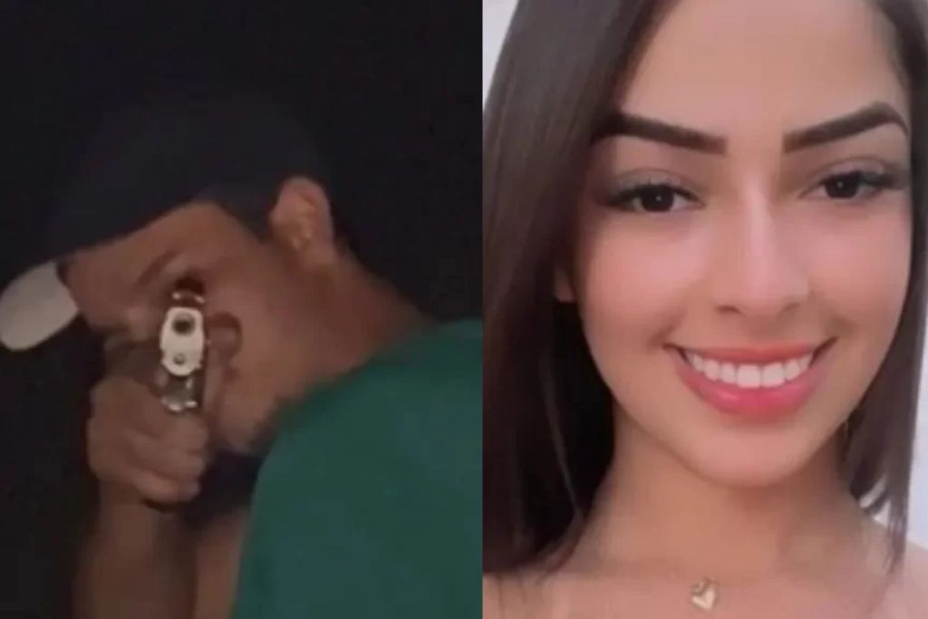 Imagem mostra jovem assassinada e suspeito no momento do crime.