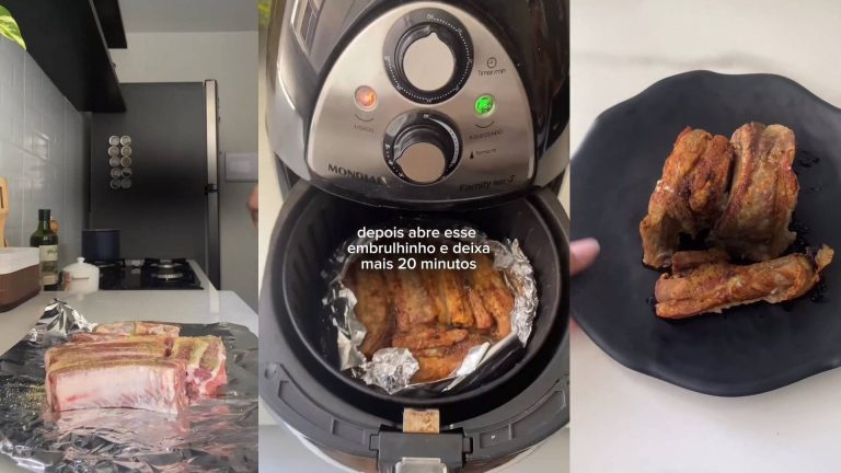 Pessoa ensinando a fazer costela na Air Fryer