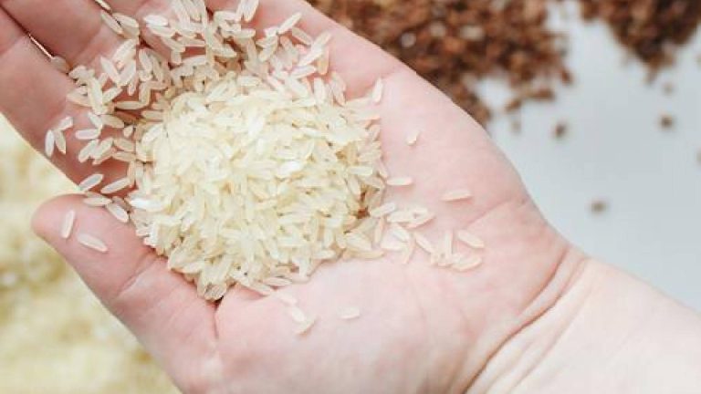 Mão cheia de arroz, um dos alimentos que atraem dinheiro e prosperidade.