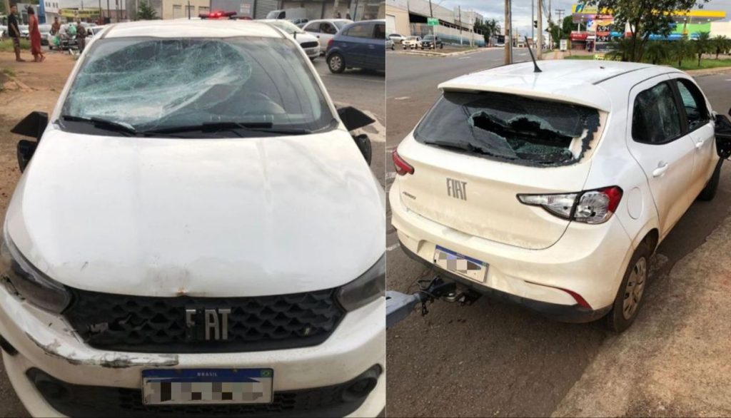 Com barra de ferro, homem destrói carro e ataca motorista que colidiu nele e tentou fugir em seguida