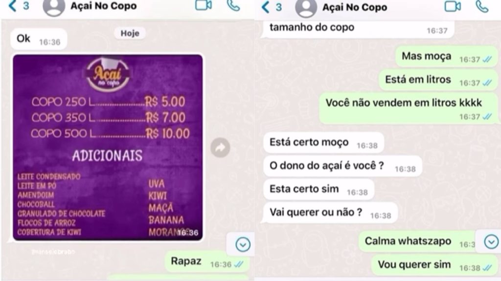 Cliente com vontade de açaí fica impressionado após ver o cardápio enviado pela loja