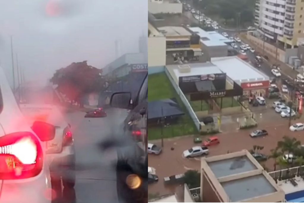 Vídeos mostram carros ilhados e transtornos causados por chuva forte em Goiânia