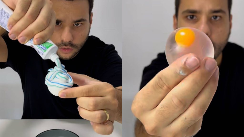 Experimento de passar creme dental no ovo de galinha