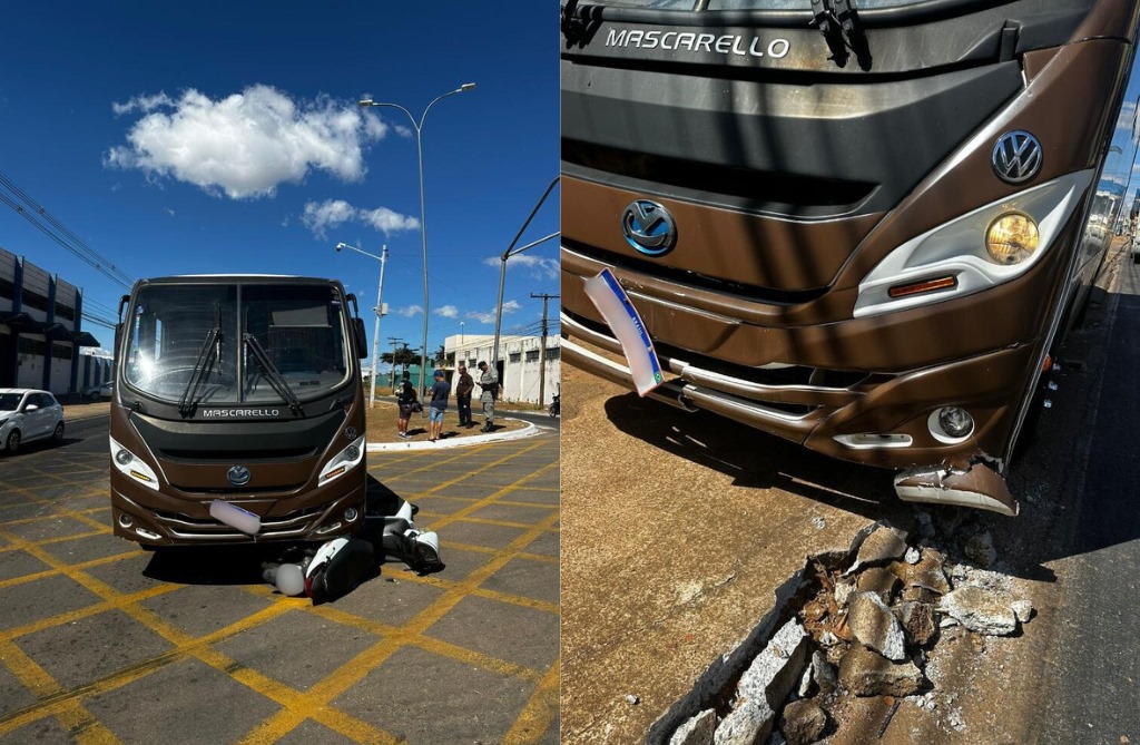 Motocicleta ficou embaixo de ônibus após colisão na Avenida Brasil. (Montagem: Reprodução) 