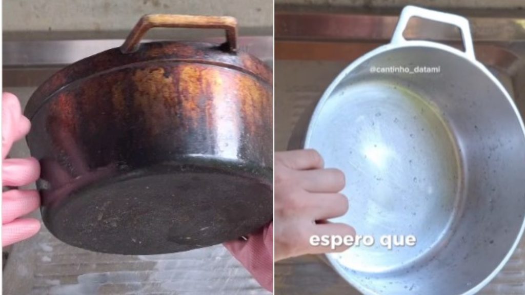 Mulher mostra antes e depois de uma limpeza profissional de panela