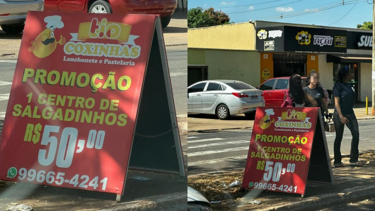 Placa anuncia um "centro de salgadinhos" em Goiânia. (Foto: Reprodução)