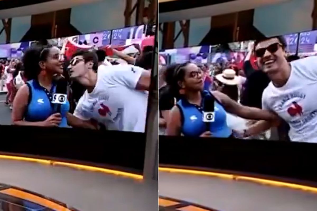 Homem tenta beijar repórter da Globo durante entrada ao vivo. (Montagem: Reprodução) 