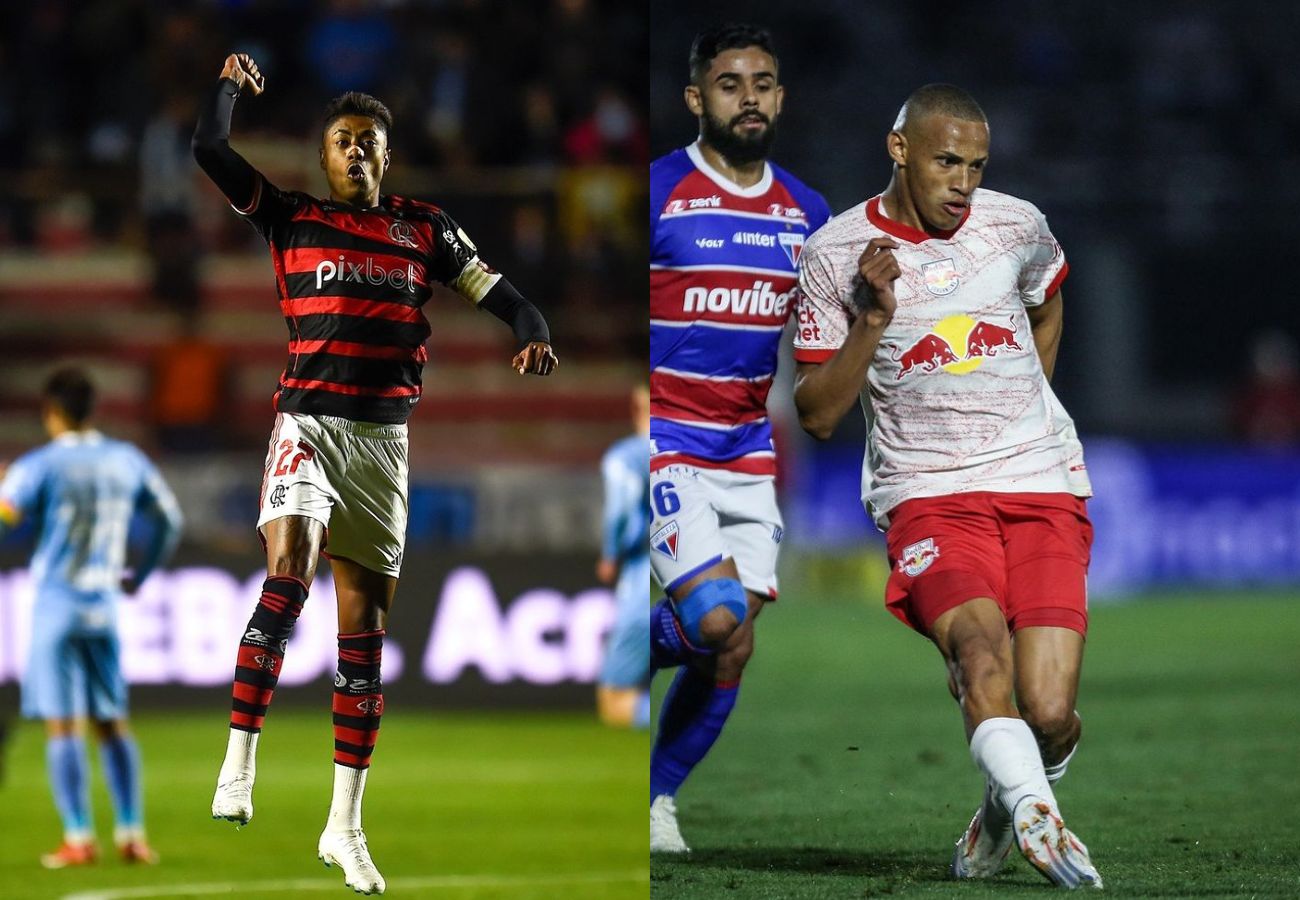 Flamengo x Bragantino neste domingo (25), pelo Brasileirão. (Montagem: Marcelo Cortes - CRF/ Ari Ferreira - RBB)