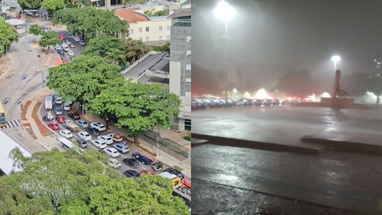 Imagem mostra situação da Praça Cívica, em Goiânia, depois e durante chuvas. (Foto: Reprodução)