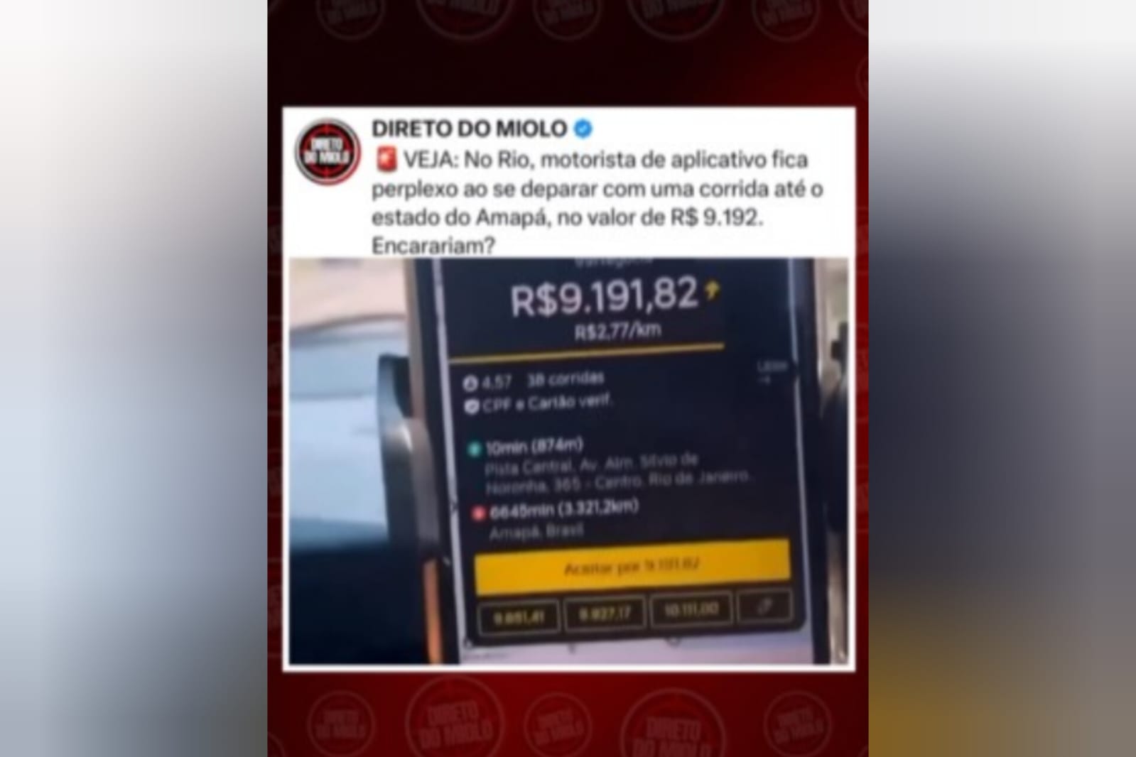 Motorista de aplicativo recebe chamado com valor inédito para corrida