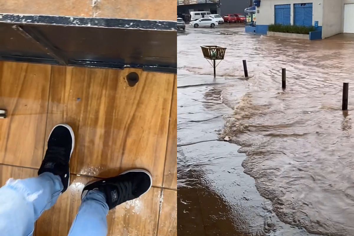 Estabelecimento ficou parcialmente alagado com a chuva. (Foto: Reprodução/Redes Sociais)