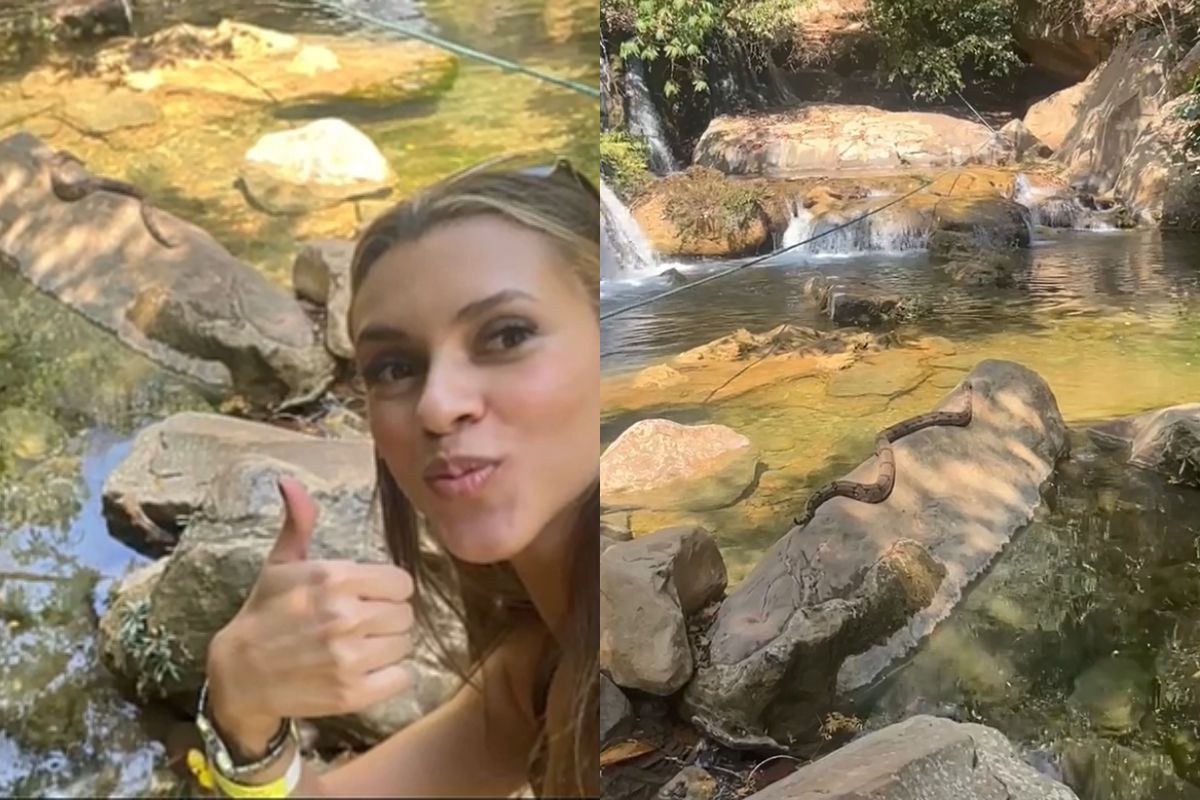 Kayanne até chegou a tirar foto ao se surpreender com o tamanho da cobra. (Foto: Reprodução/TikTok)