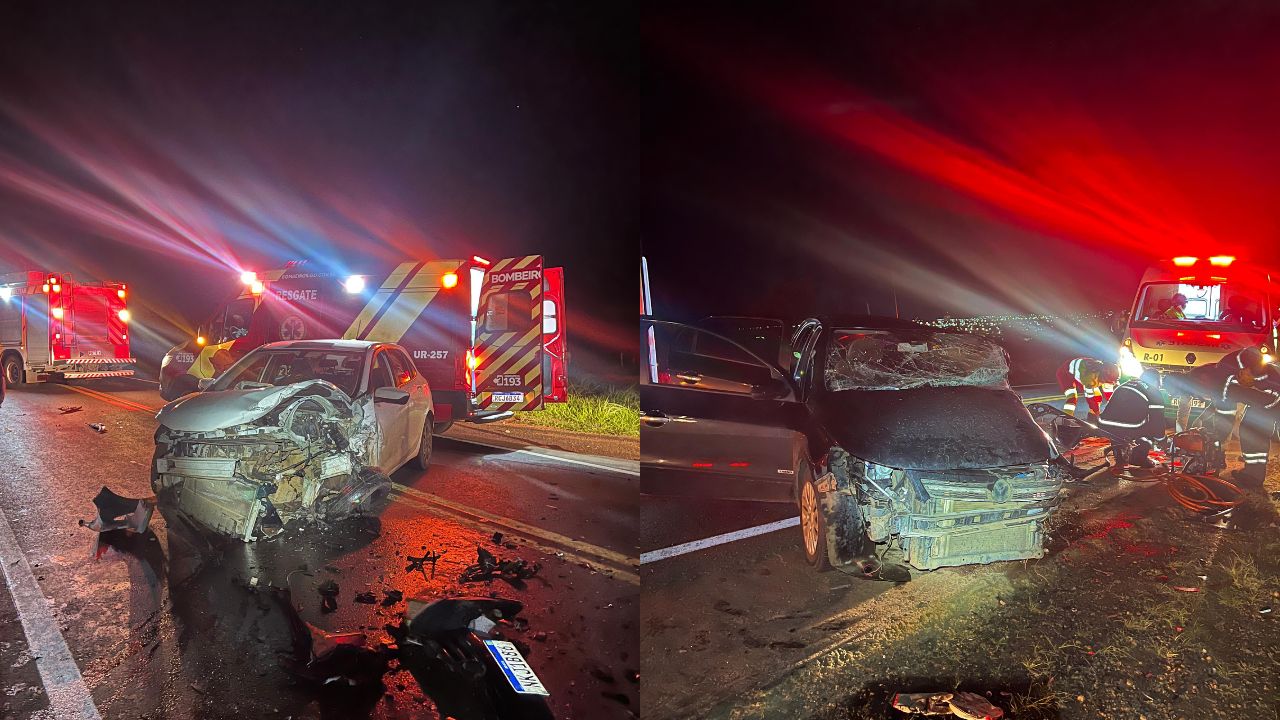 Motorista sofre fraturas expostas após acidente frontal entre dois carros, em Anápolis