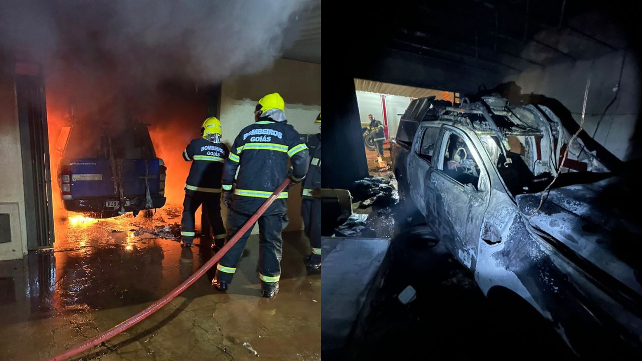 Incêndio em Pires do Rio, sendo controlado pelos Bombeiros. (Foto: Divulgação) 