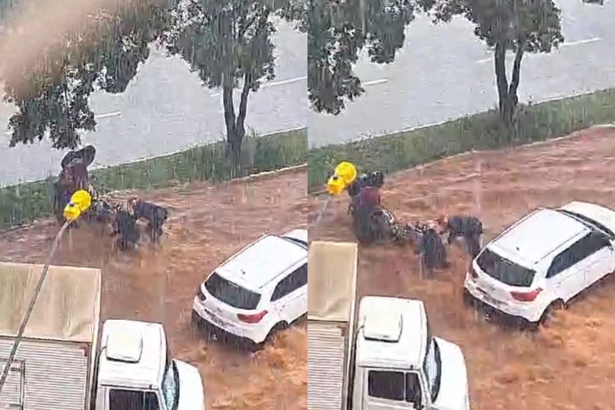 Motociclista de Goiânia é resgatado por populares ao ficar preso em enxurrada