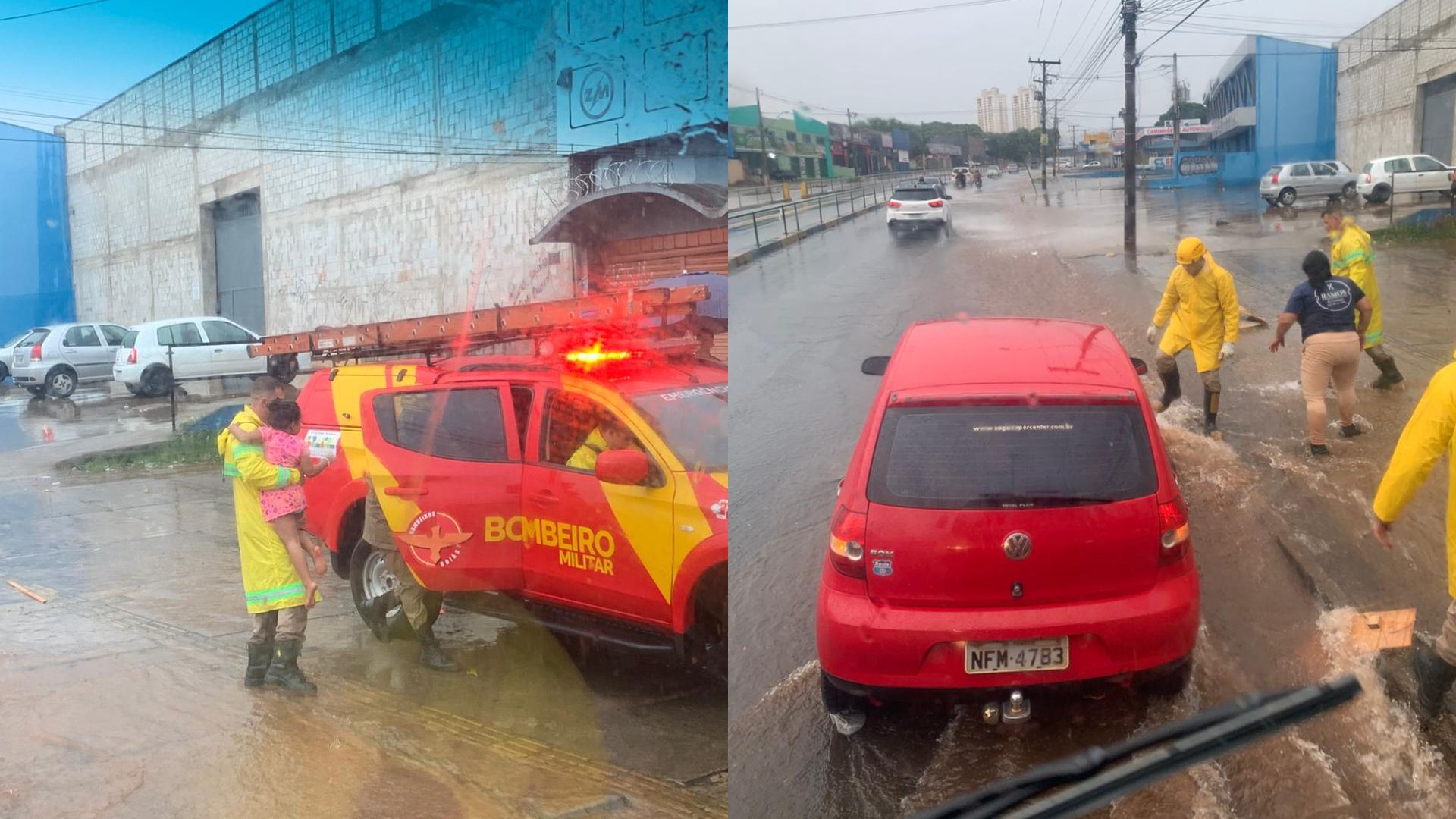 Bombeiros resgatam mulheres e criança que ficaram ilhados durante forte chuva em Goiânia