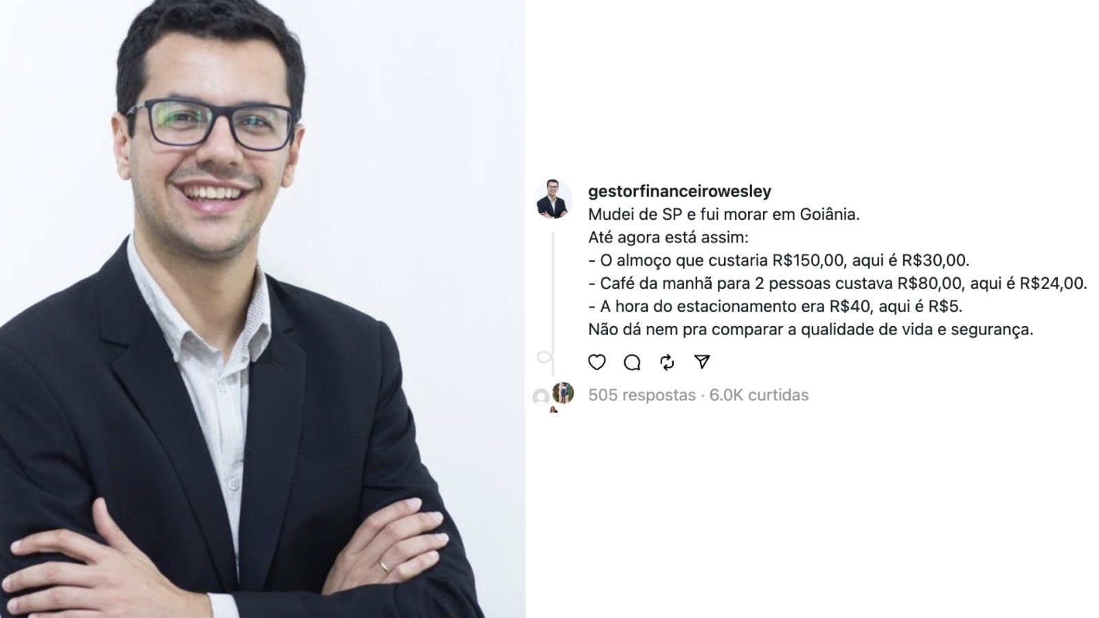 Ele trocou São Paulo por Goiânia e dividiu opiniões ao expor o que motivou a decisão: “não dá nem para comparar”