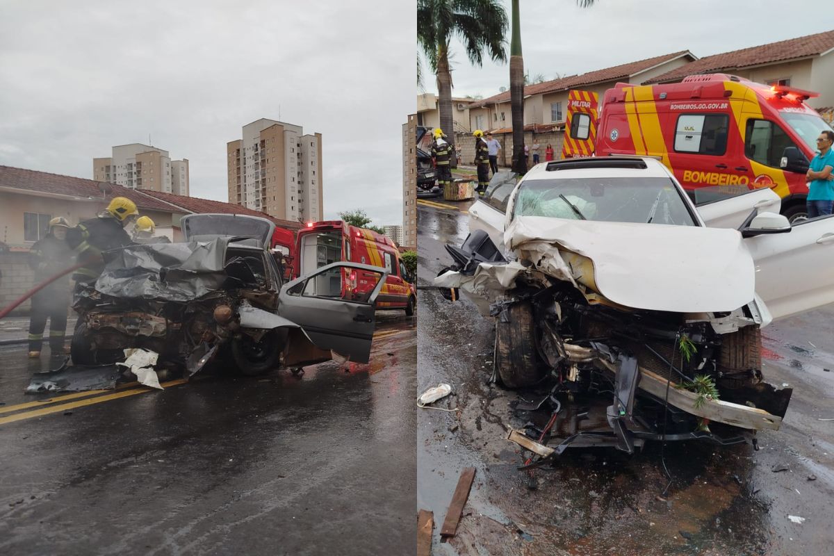 Motorista e ocupantes ficam presos às ferragens após batida envolvendo carro de luxo, em Goiânia