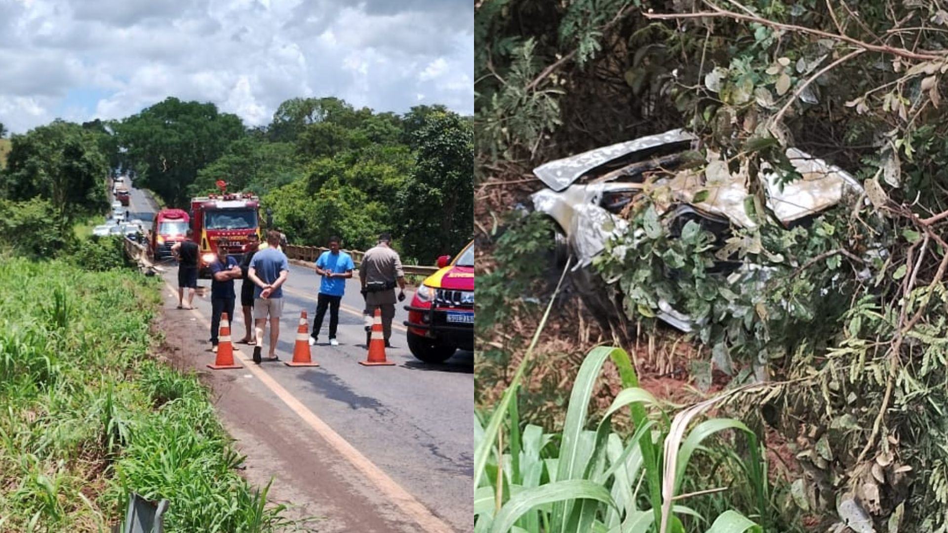 Criança morre e idosa fica com 90% do corpo queimado após carro cair da ponte e pegar fogo, em Caldas Novas