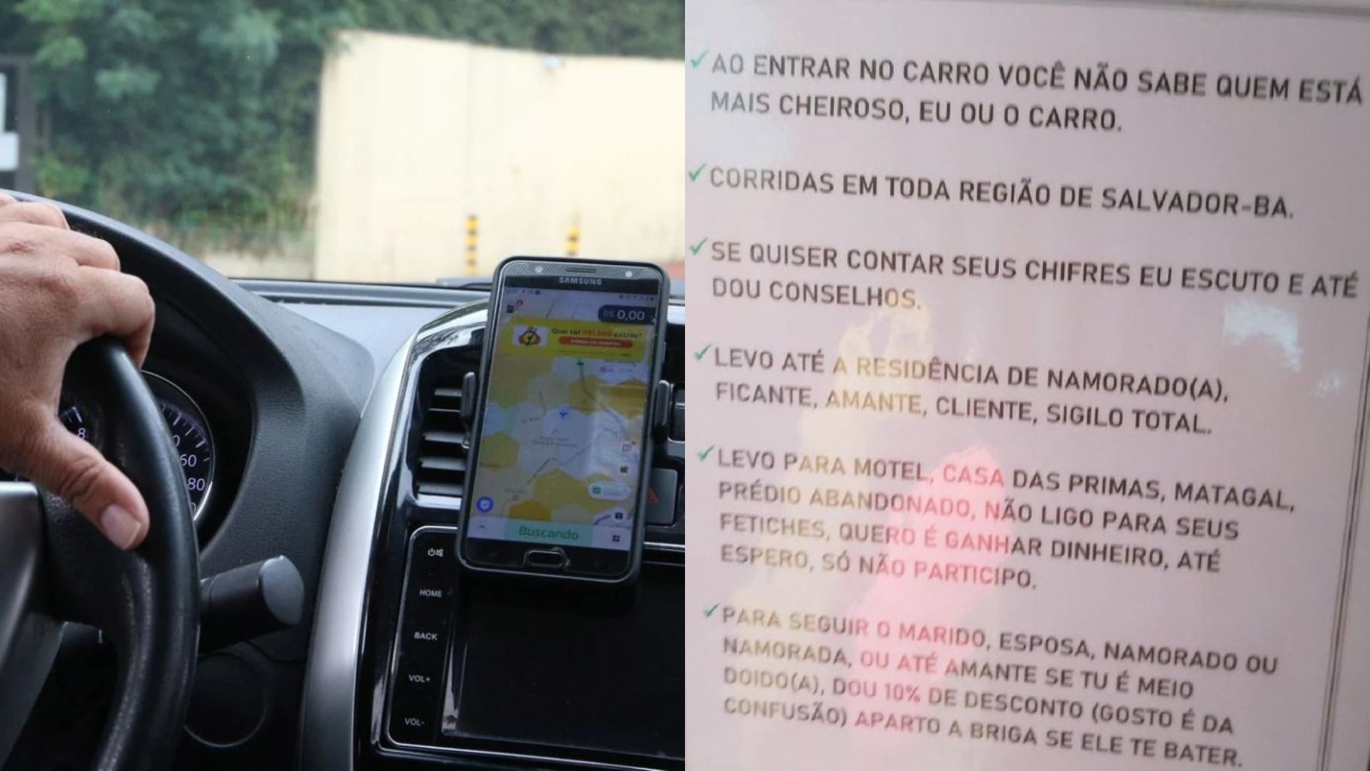 Placa chama atenção ao listar serviços oferecidos por motorista de aplicativo: “até aparto a briga”