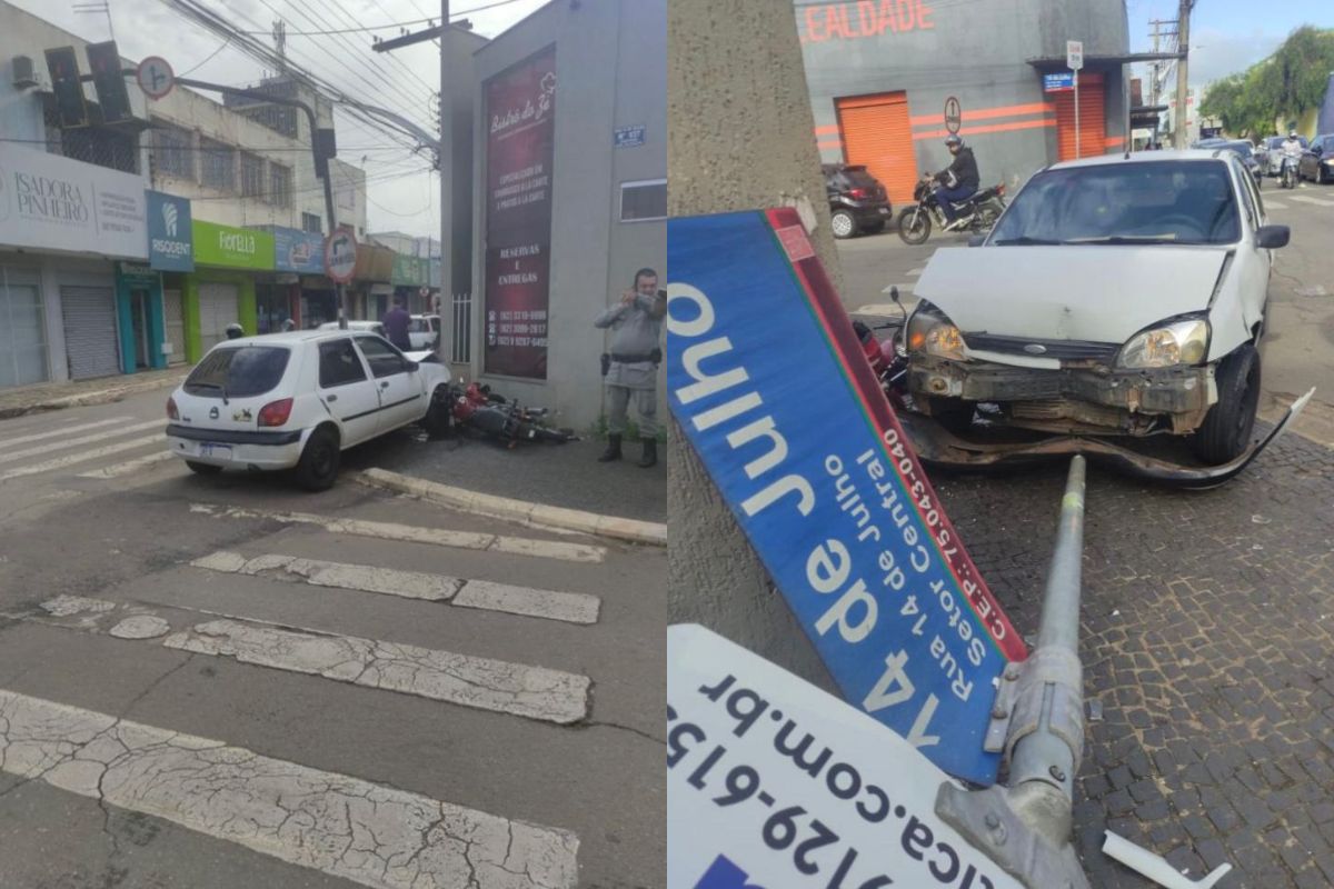 Colisão entre carro e moto durante ultrapassagem deixa duas pessoas feridas, em Anápolis