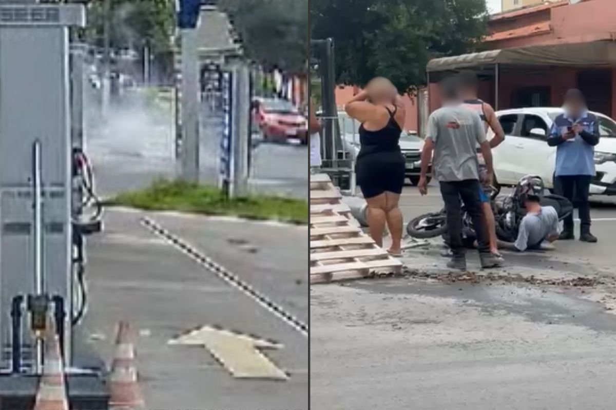 Vídeo mostra momento em que motociclista bate fortemente contra empilhadeira em Aparecida de Goiânia