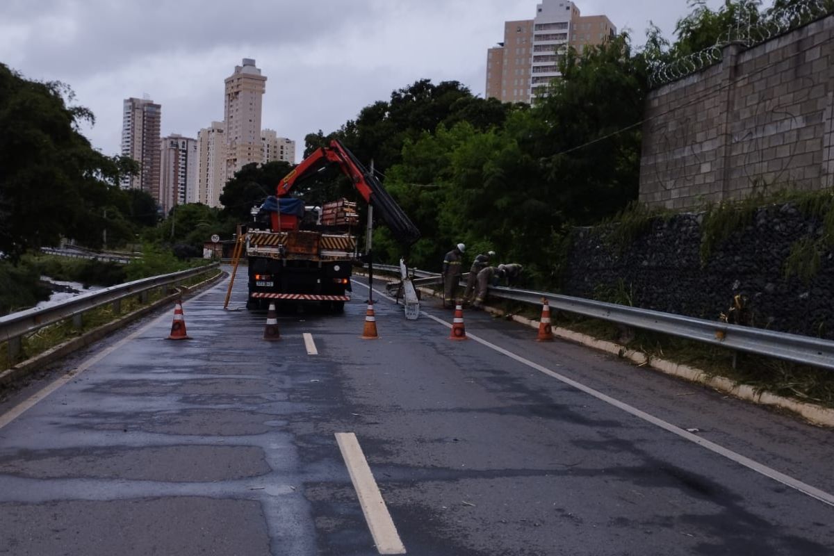 Marginal Botafogo tem trechos interditados após tempestade cair em Goiânia