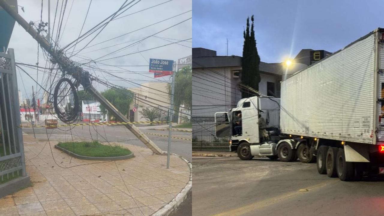 Carreta se enrosca em fios no Jundiaí e faz estrago em postes quando motorista tenta fugir