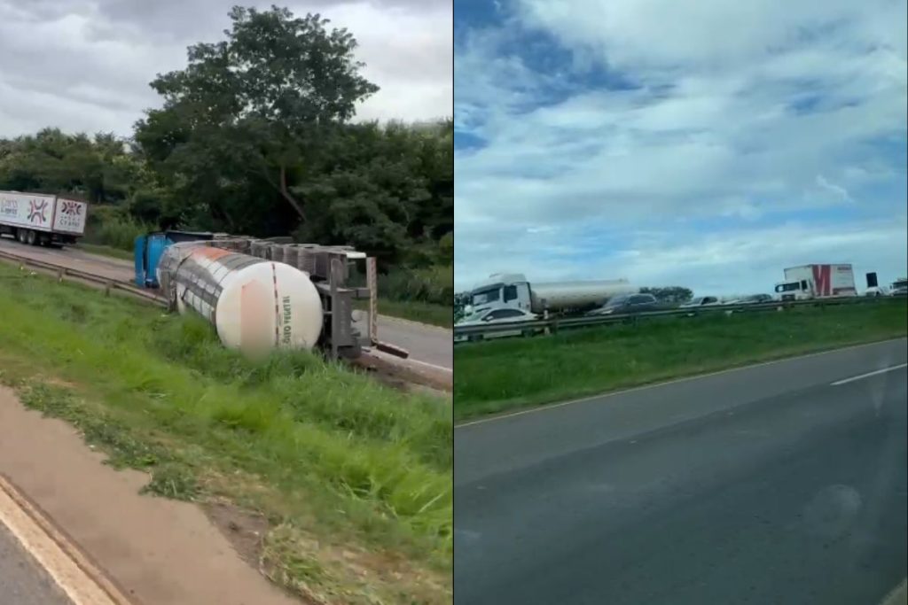 Congestionamento se forma na BR-060 após tombamento de caminhão-tanque