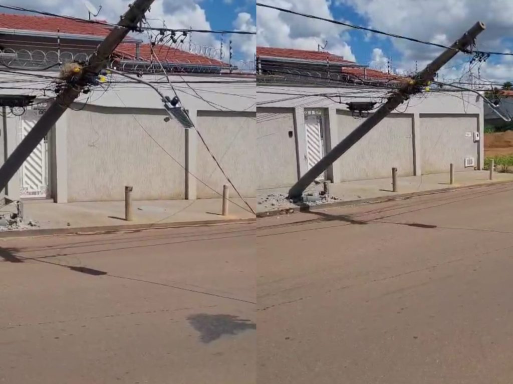 Poste quase foi ao chão após rompimento dos cabos. (Foto: Natalia Sezil)