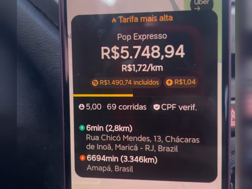 Motorista de aplicativo é surpreendido com viagem de mais de R$ 5 mil: “avião dava mais barato”