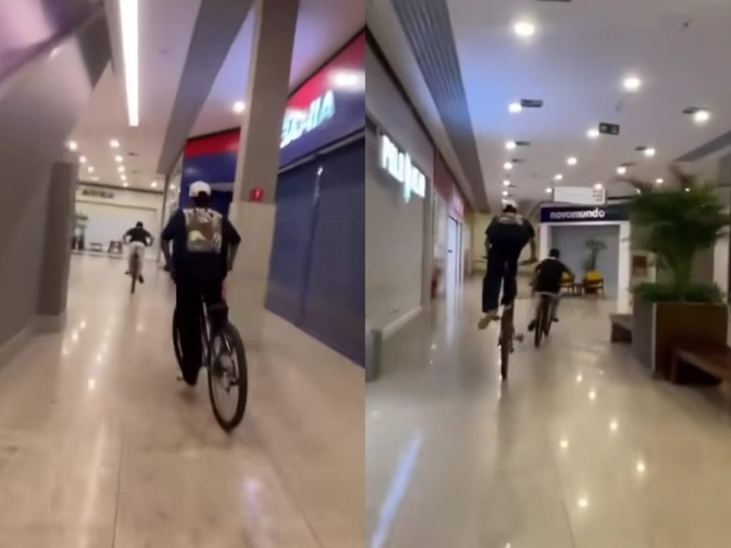 Vídeo viraliza ao mostrar adolescentes invadindo Aparecida Shopping de bicicleta