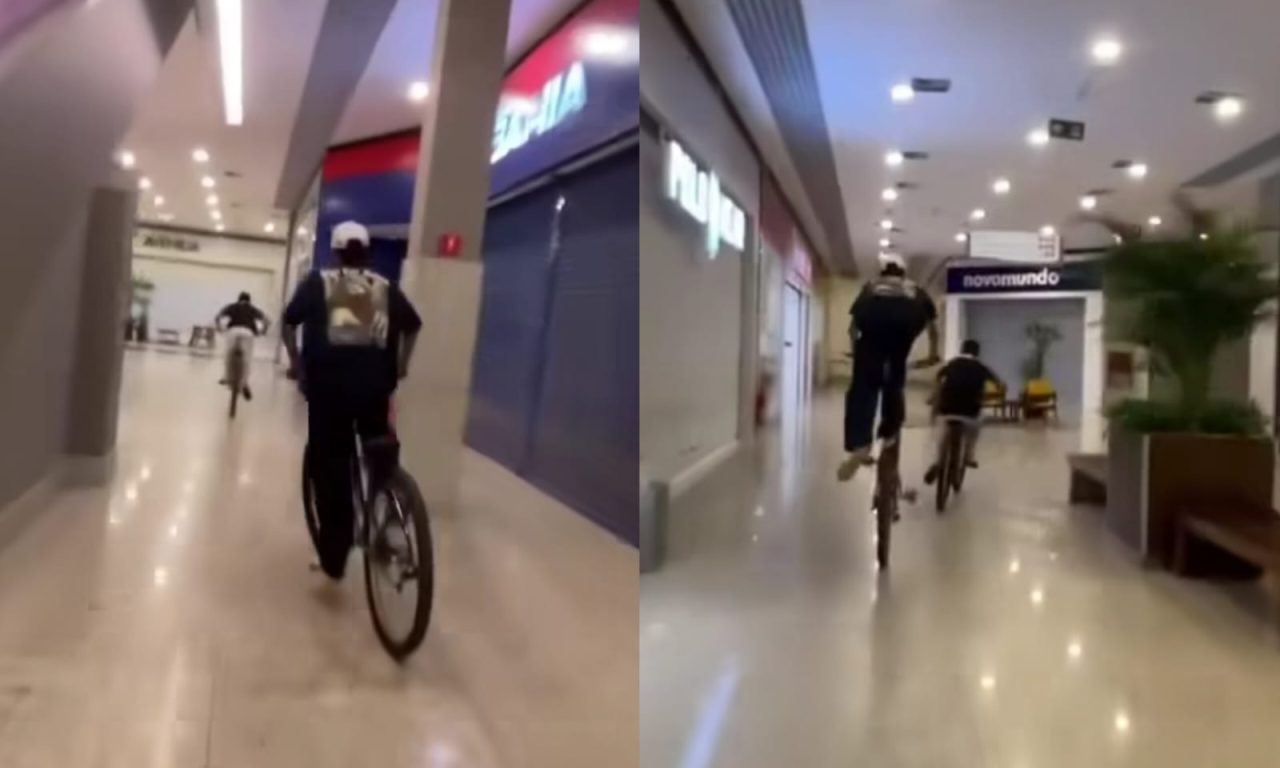 Vídeo viraliza ao mostrar adolescentes invadindo Aparecida Shopping de bicicleta