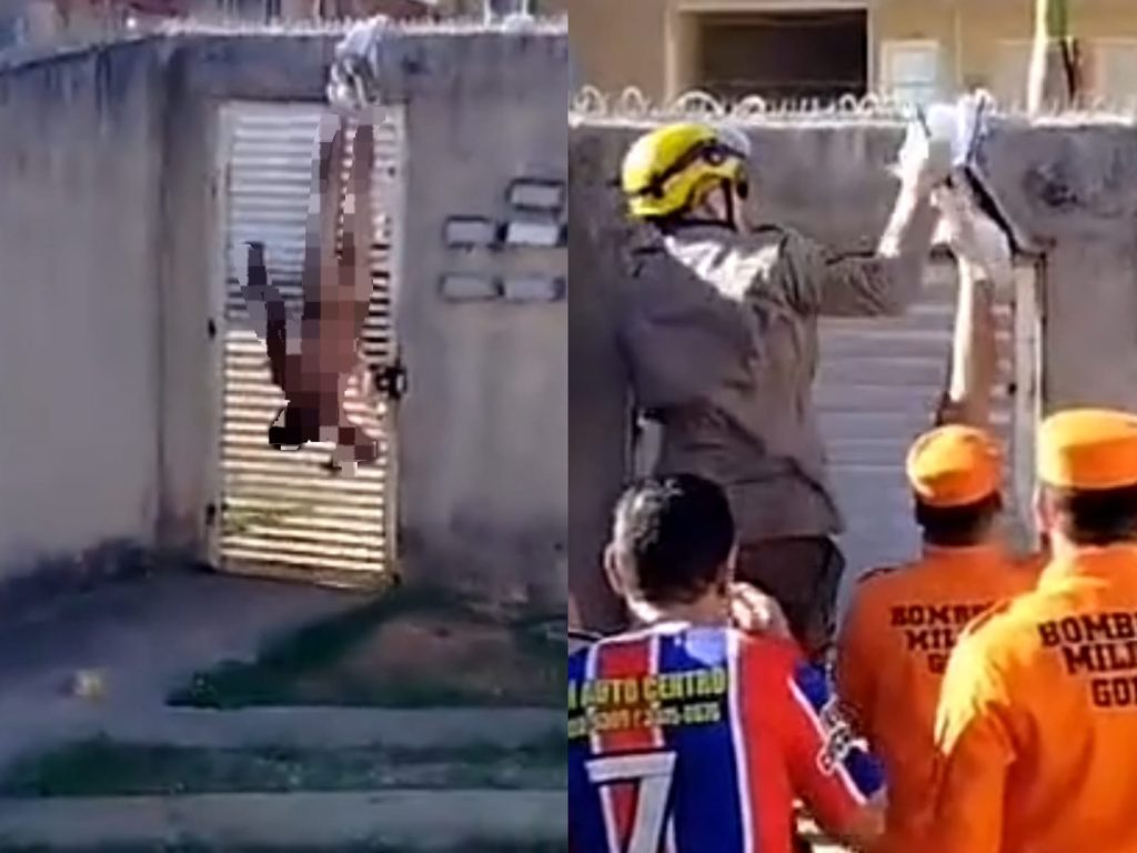 Bombeiros foram cionados para fazer o resgate do homem, que estava completamente nu. (Foto: Reprodução)