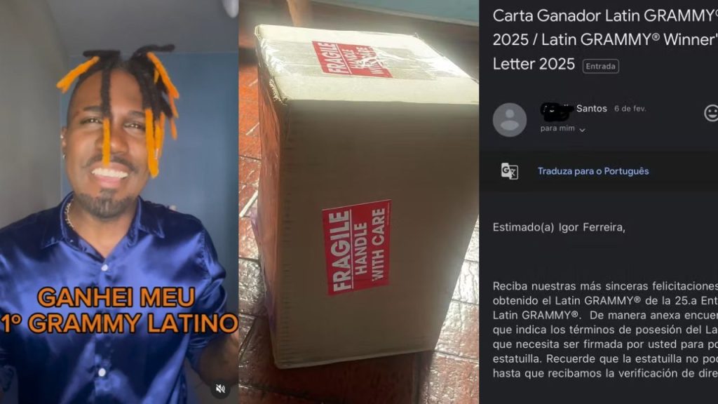 Cantor brasileiro é surpreendido ao receber Grammy por engano e viraliza ao tentar devolver o prêmio ao verdadeiro dono