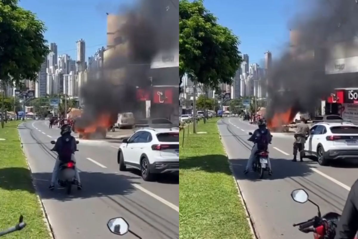 Carro pega fogo no meio da Avenida Jamel Cecílio, em Goiânia