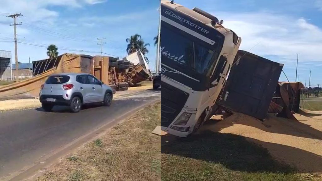 Carreta tombou na GO-330. (Foto: Reprodução)