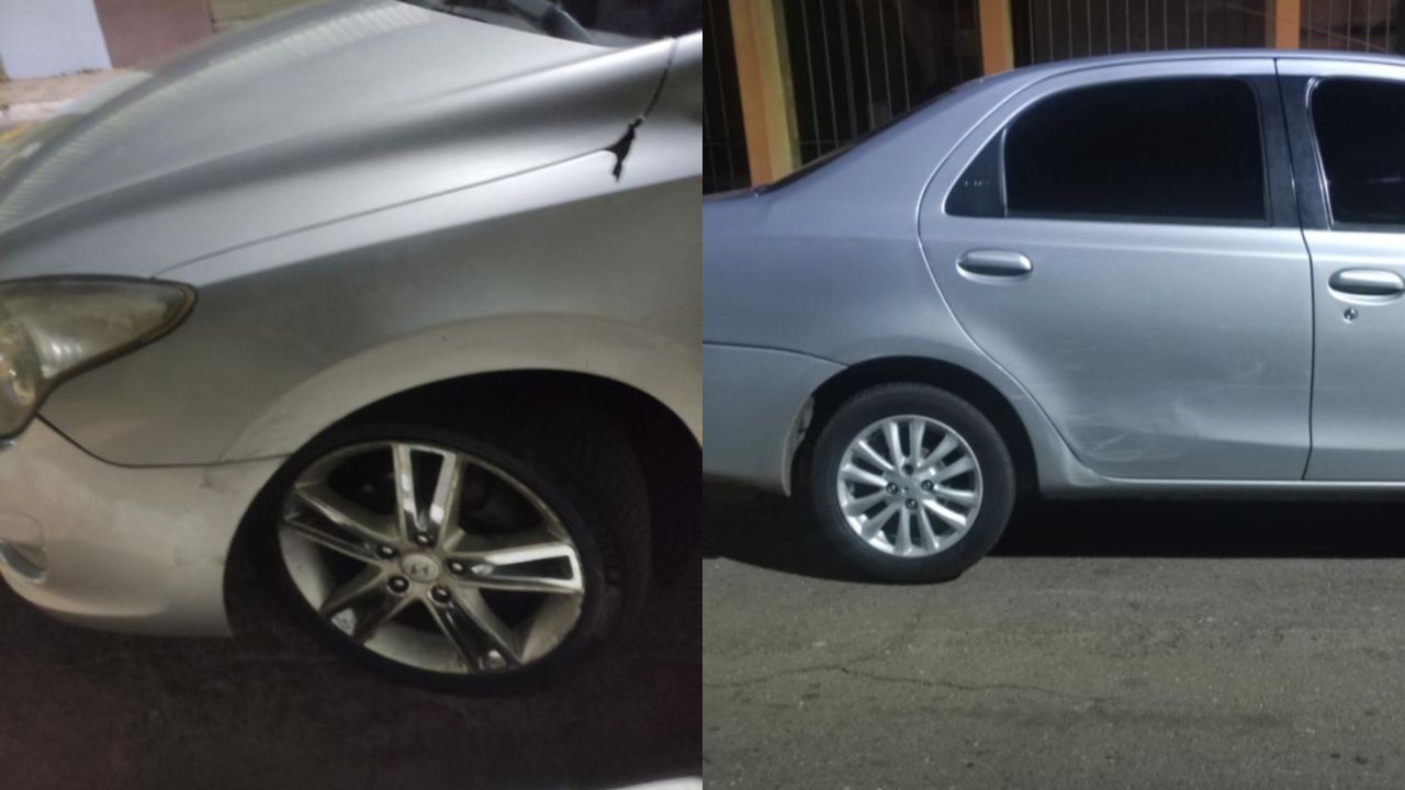 Carro onde estavam motorista e passageira, ficou danificado após a colisão. (Foto: Reprodução)