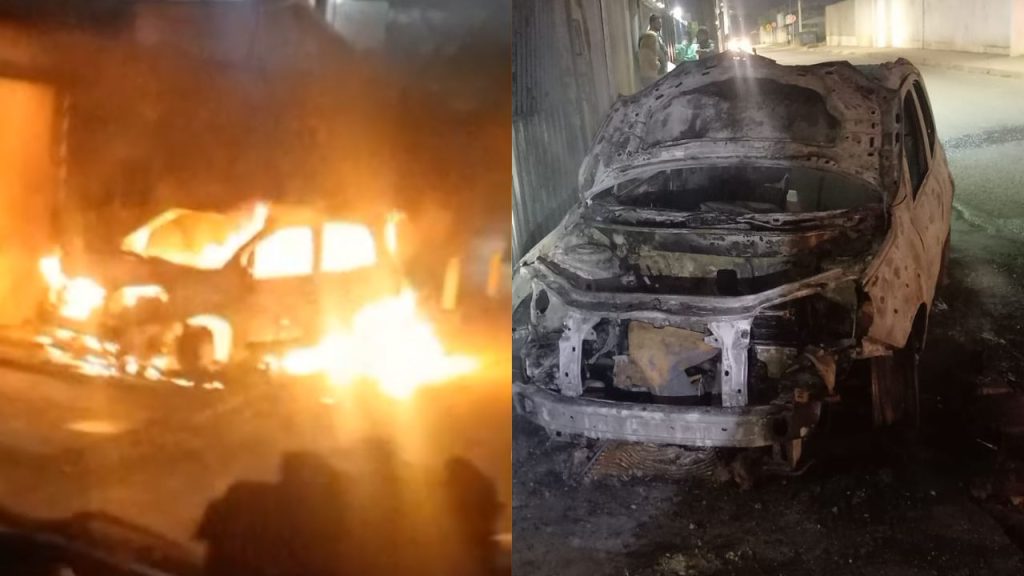 Fogo destruiu o carro. (Foto: Reprodução)