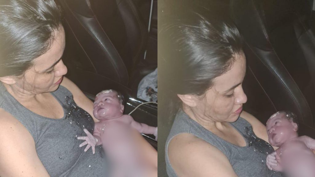 Miriã Abreu e a filha, ainda dentro do carro, logo após o parto.