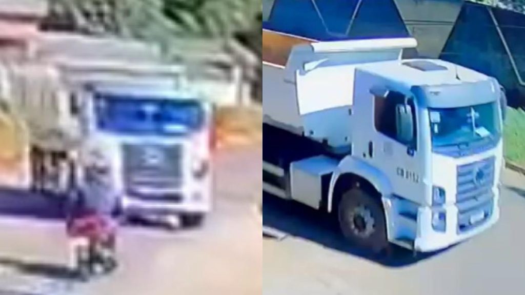 Motociclista quebra o pé após acidente causado por caminhão da Prefeitura de Goiânia; câmera flagrou tudo